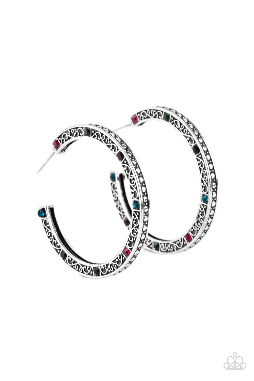 Paparazzi Accessories-Richly Royal Multi Dotted Rhinestone Hoop Earrings