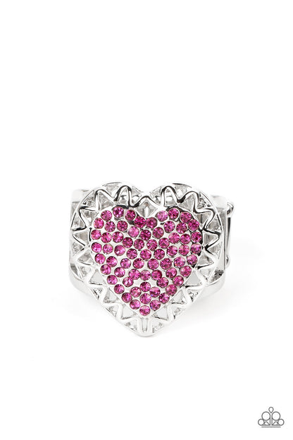 Paparazzi Accessories-Romantic Escape Pink Rhinestone Heart Shaped Ring