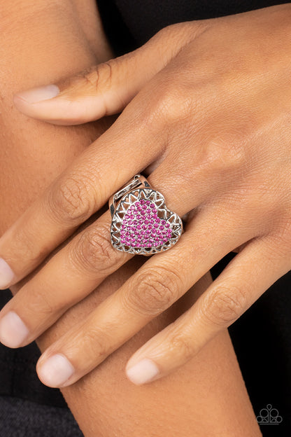 Paparazzi Accessories-Romantic Escape Pink Rhinestone Heart Shaped Ring