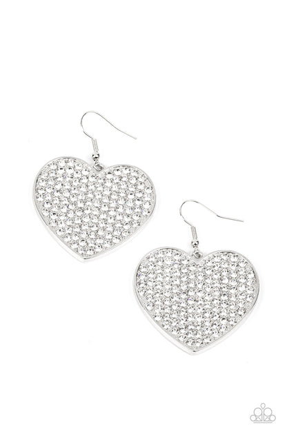 Paparazzi Accessories-Romantic Reign White Rhinestone Heart Earrings