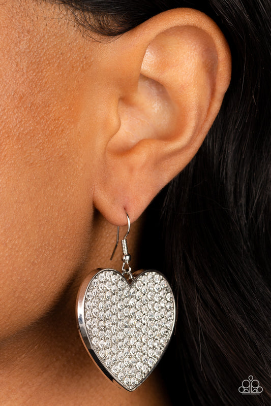 Paparazzi Accessories-Romantic Reign White Rhinestone Heart Earrings