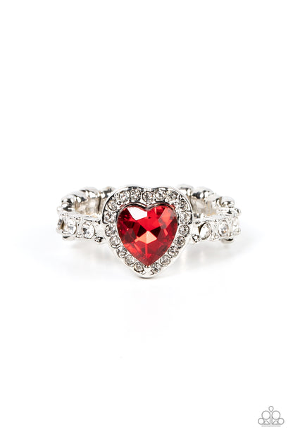Paparazzi Accessories-Romantic Reputation Red Dainty White Rhinestone Heart Ring