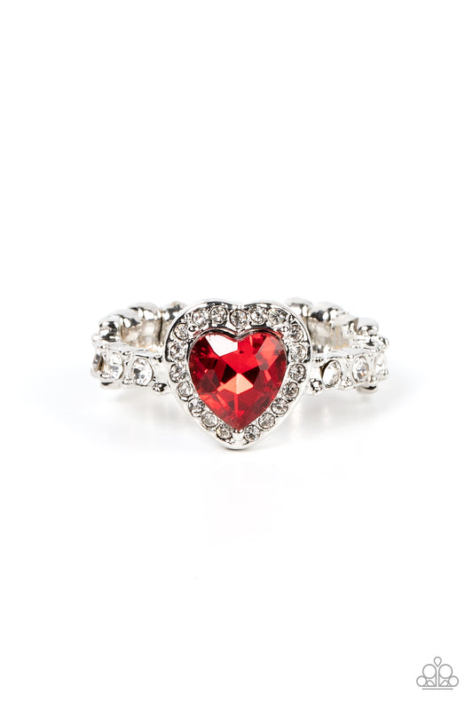 Paparazzi Accessories-Romantic Reputation Red Dainty White Rhinestone Heart Ring