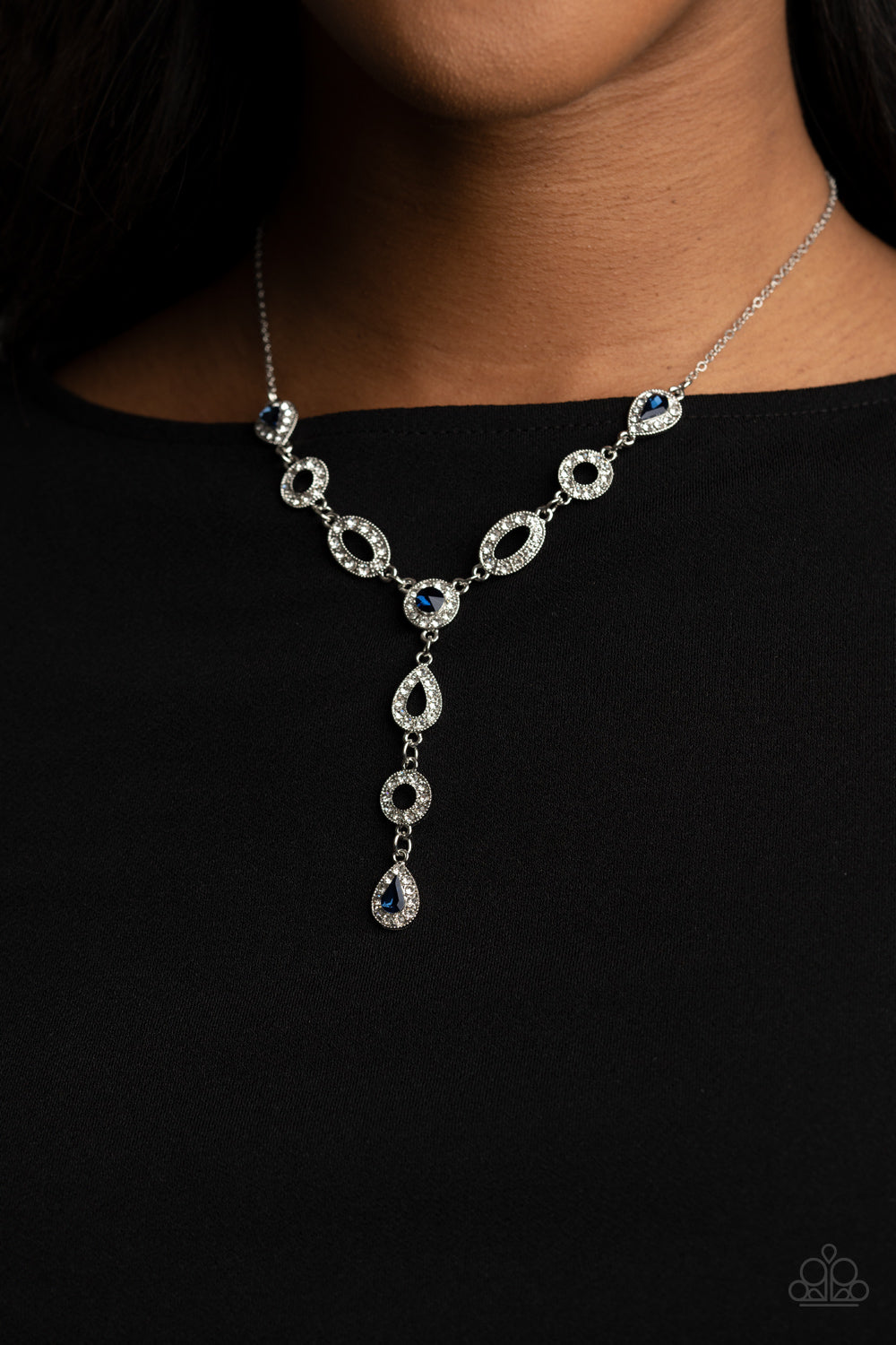 Paparazzi Accessories-Royal Redux Blue Teardrop White Rhinestone Necklace Set