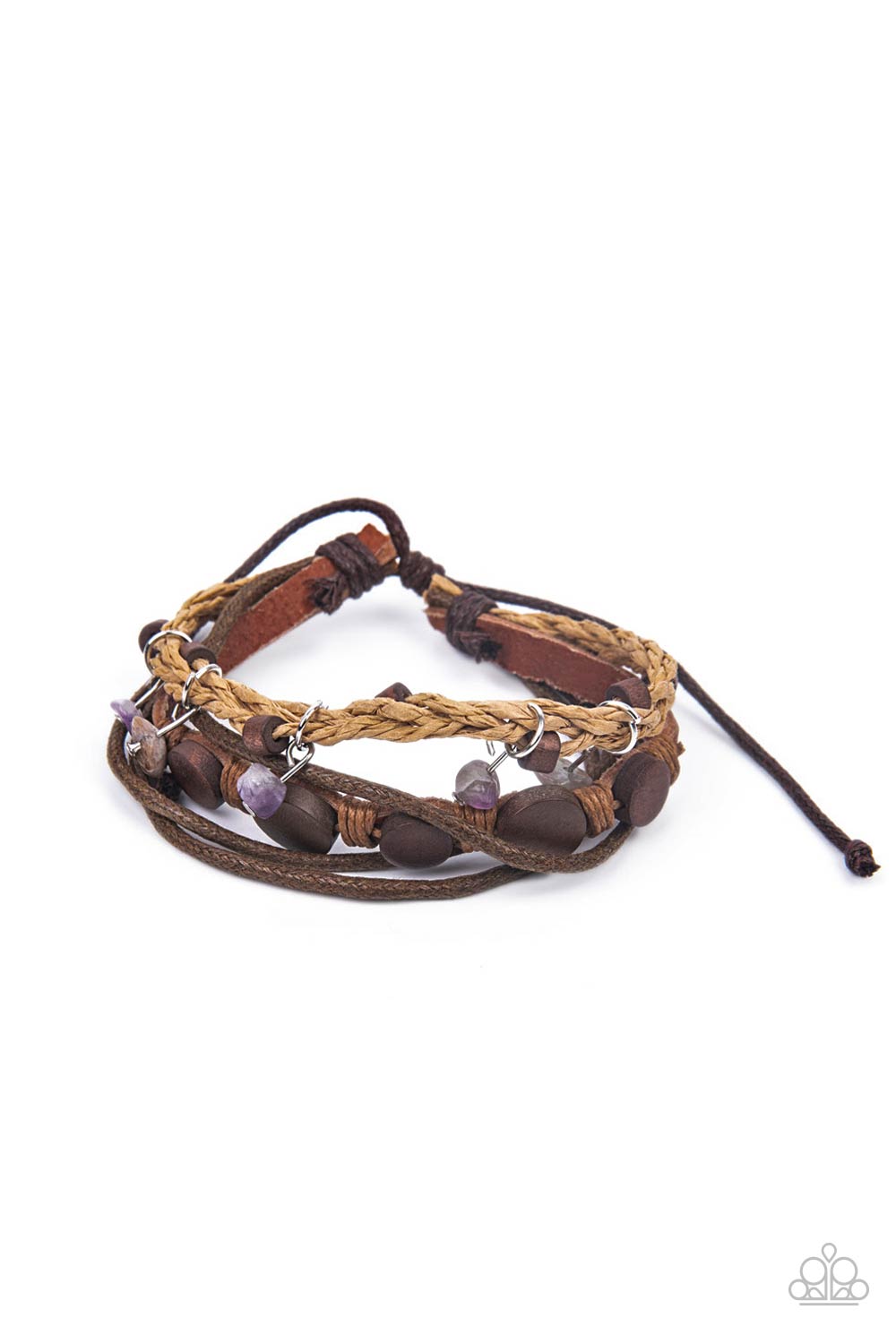 Paparazzi Accessories-Run The Rapids Purple Leather/Wood Stone Bracelet