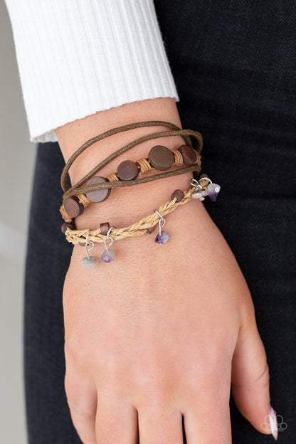 Paparazzi Accessories-Run The Rapids Purple Leather/Wood Stone Bracelet