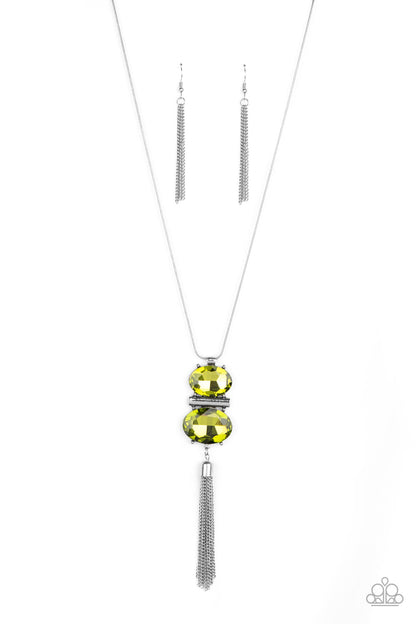 Paparazzi Accessories-Runway Rival Green Rhinestone Necklace Set