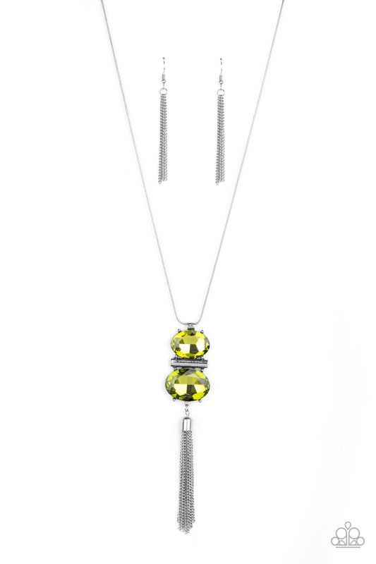 Paparazzi Accessories-Runway Rival Green Rhinestone Necklace Set