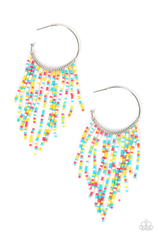 Paparazzi Accessories-Saguaro Breeze Multi Seed Bead Silver Hoop Earrings