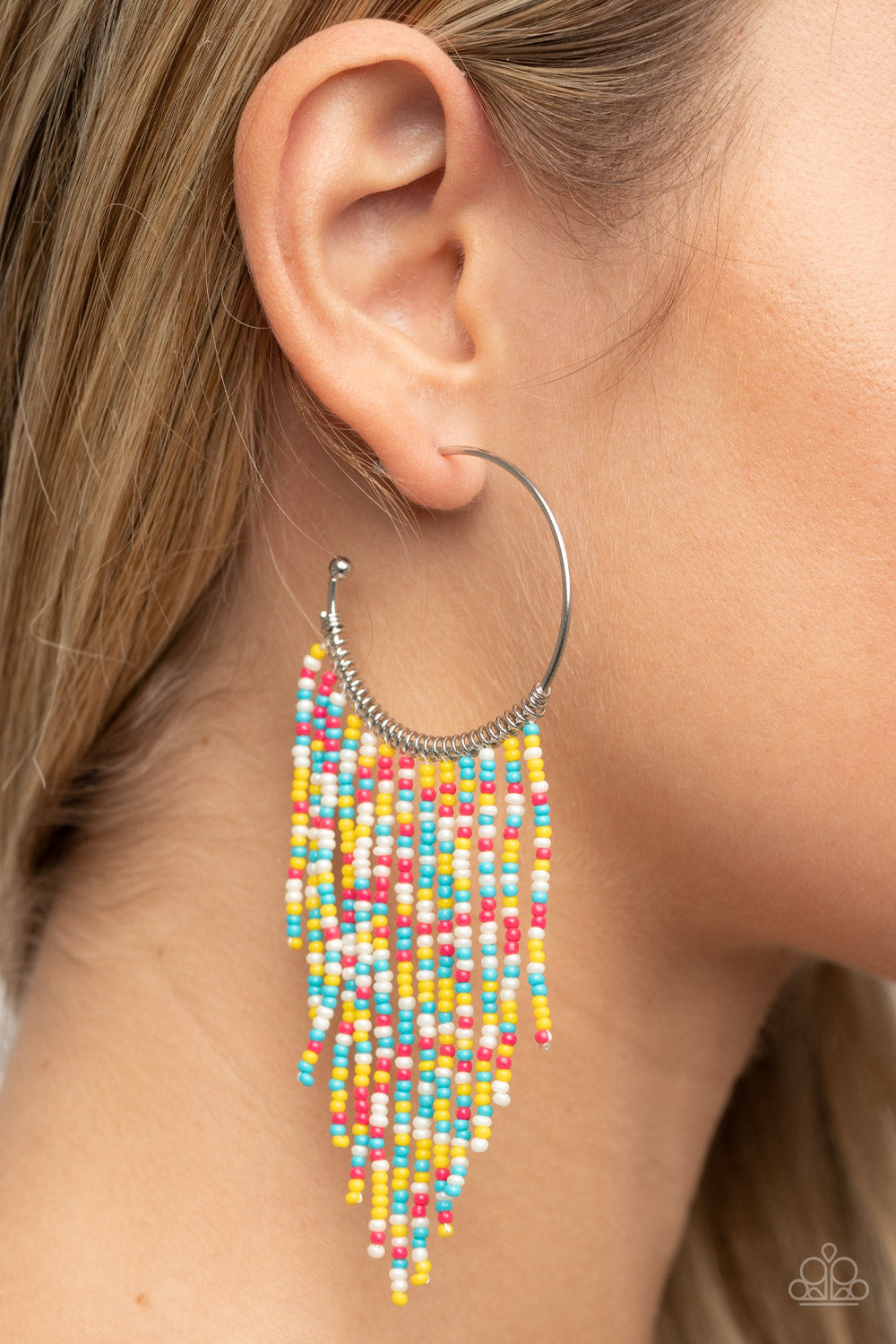Paparazzi Accessories-Saguaro Breeze Multi Seed Bead Silver Hoop Earrings
