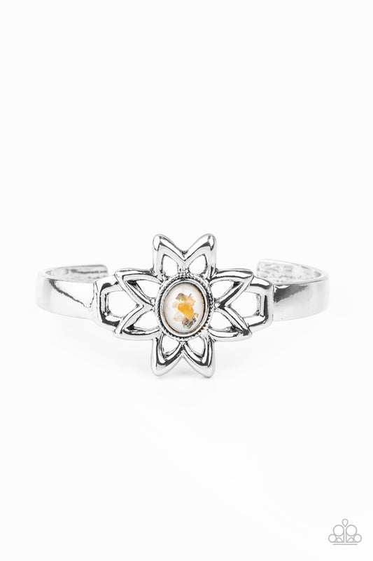 Paparazzi Accessories-Sahara Garden Glassy White Cuff Bracelet