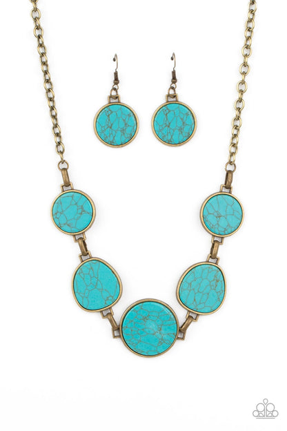 Paparazzi Accessories-Santa Fe Flats Brass/Turquoise Stone Necklace Set