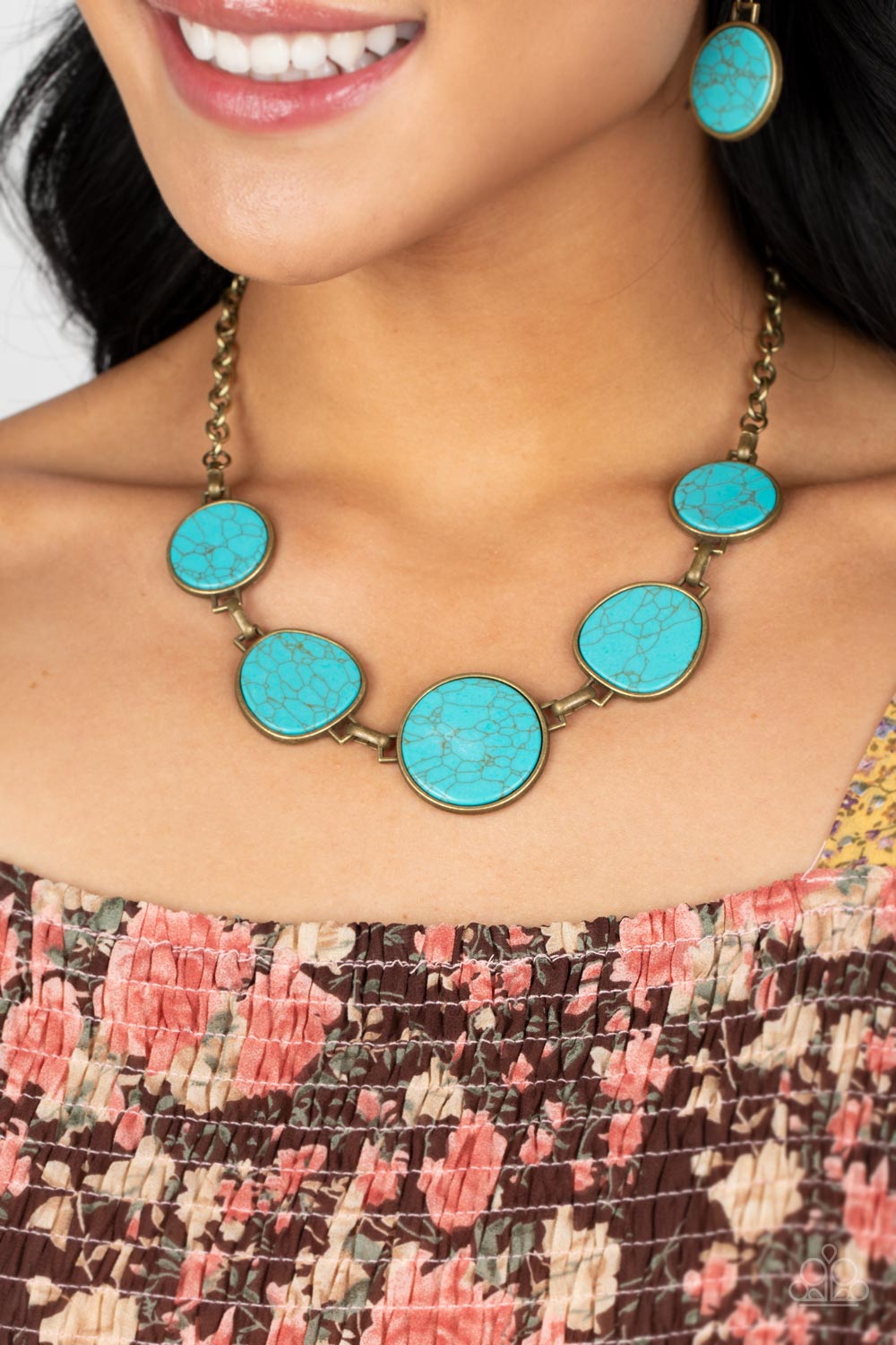Paparazzi Accessories-Santa Fe Flats Brass/Turquoise Stone Necklace Set