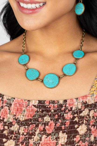 Paparazzi Accessories-Santa Fe Flats Brass/Turquoise Stone Necklace Set