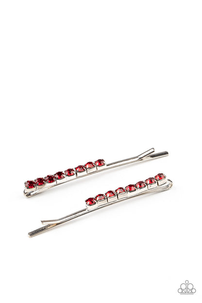 Paparazzi Accessories-Satisfactory Sparkle Red Rhinestone Silver Hair Clips