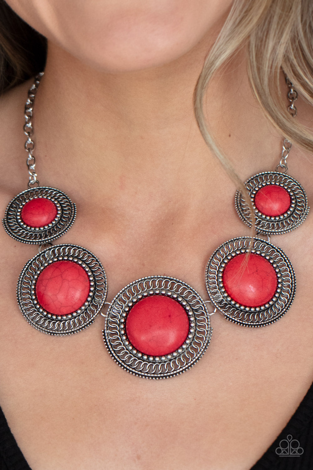 Paparazzi Accessories-She Went West Red Interlocking Motif Necklace Set