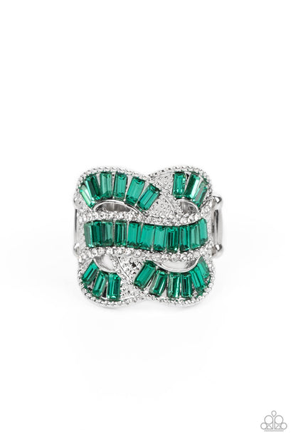 Paparazzi Accessories-Six-Figure Flex Green Emerald Cut Rhinestone Ring