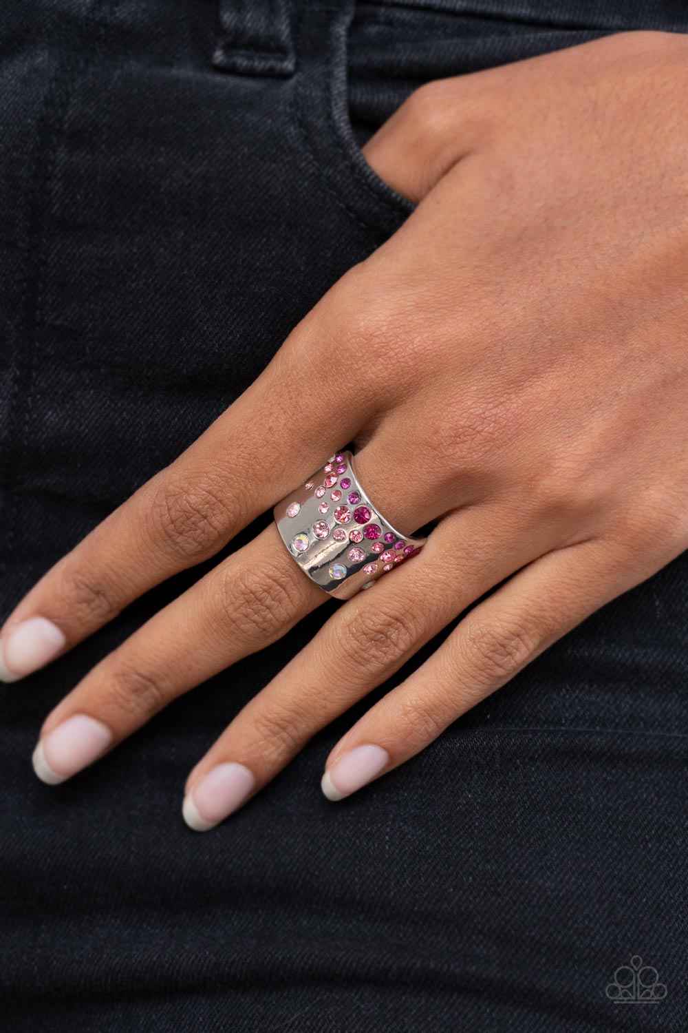 Paparazzi Accessories-Sizzling Sultry Pink Iridescent Silver Band Ring