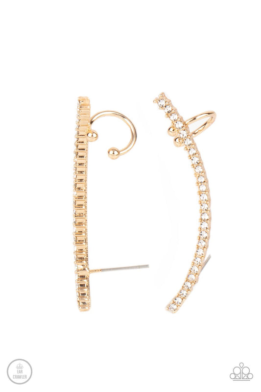 Paparazzi Accessories-Sleekly Shimmering Gold Dainty White Rhinestone Ear Crawlers