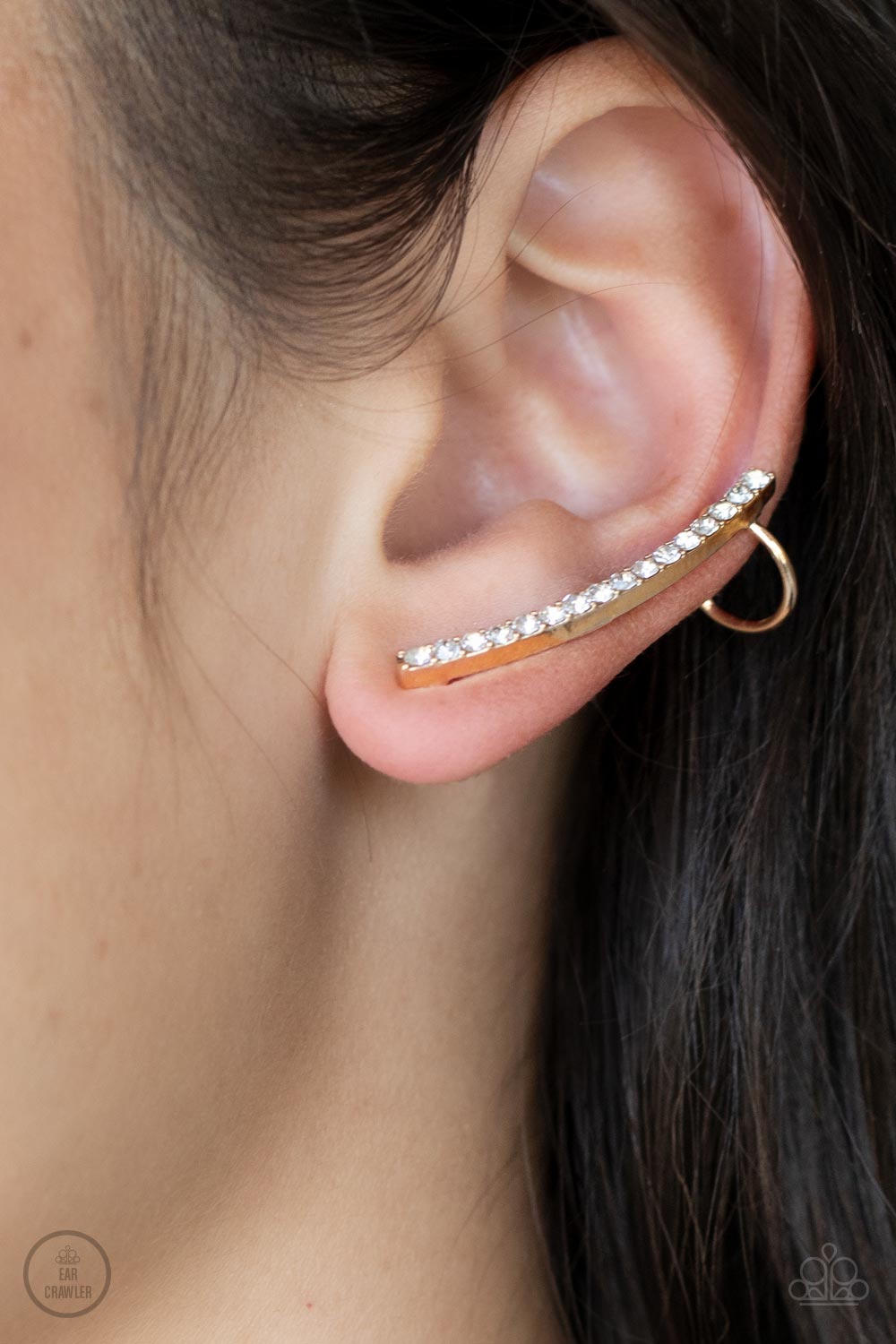 Paparazzi Accessories-Sleekly Shimmering Gold Dainty White Rhinestone Ear Crawlers