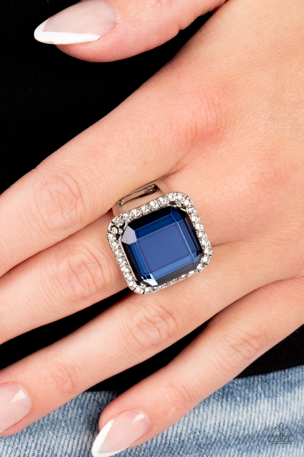 Paparazzi Accessories-Slow Burn Blue Square White Rhinestone Ring