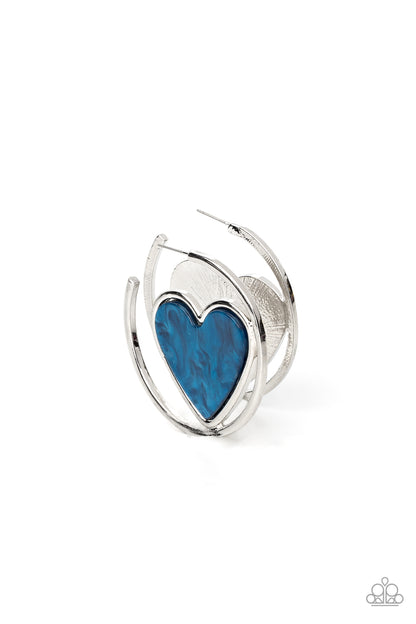 Paparazzi Accessories-Smitten With You Blue Marble Heart Hoop Earrings