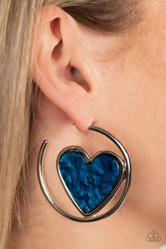 Paparazzi Accessories-Smitten With You Blue Marble Heart Hoop Earrings