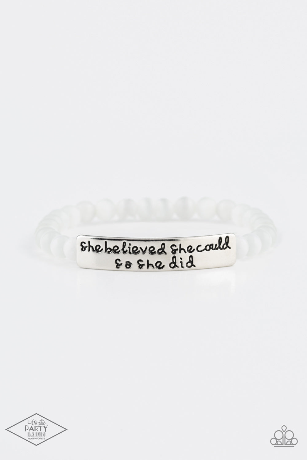 Paparazzi Accessories-So She Did White Cat's Eye Stone Engraved Bracelet