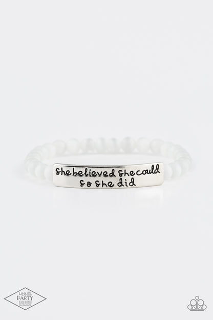 Paparazzi Accessories-So She Did White Cat's Eye Stone Engraved Bracelet