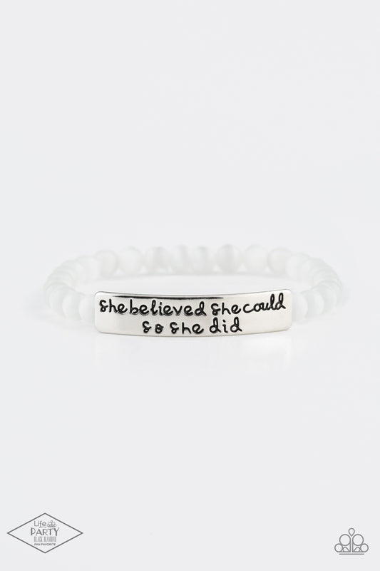 Paparazzi Accessories-So She Did White Cat's Eye Stone Engraved Bracelet