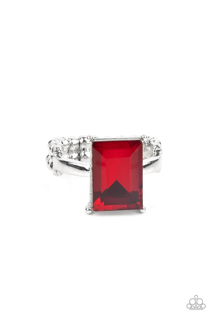 Paparazzi Accessories-Social Glow Fiery Red Emerald Cut Ring