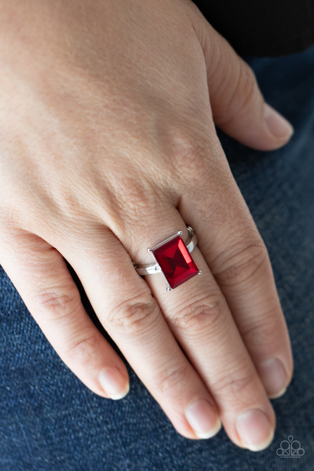 Paparazzi Accessories-Social Glow Fiery Red Emerald Cut Ring