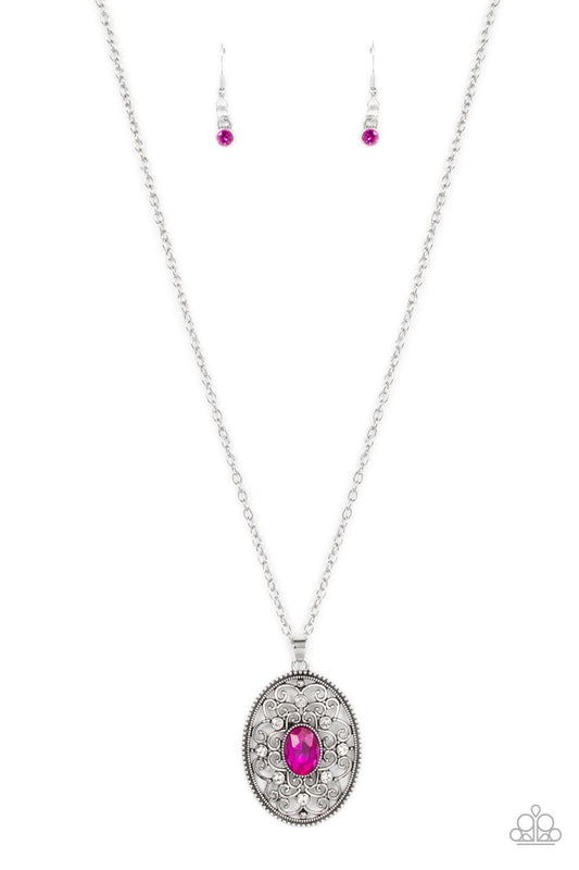 Paparazzi Accessories-Sonata Swing Pink Oval Filigree Necklace Set
