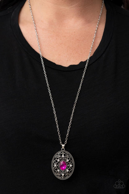 Paparazzi Accessories-Sonata Swing Pink Oval Filigree Necklace Set