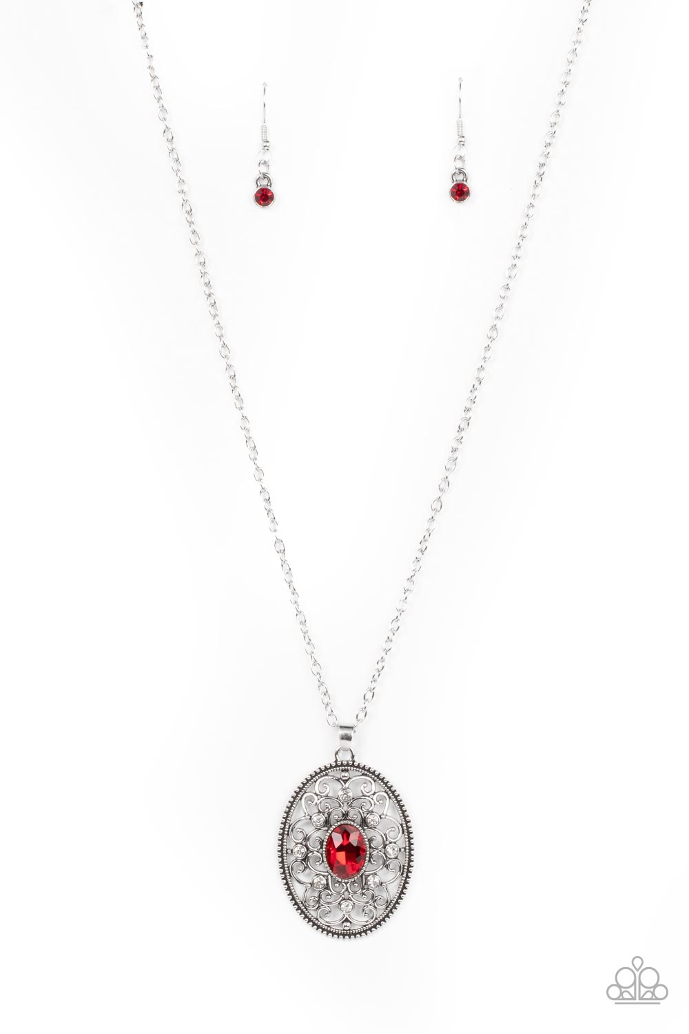 Paparazzi Accessories-Sonata Swing Red Filigree White Rhinestone Gem Necklace Set