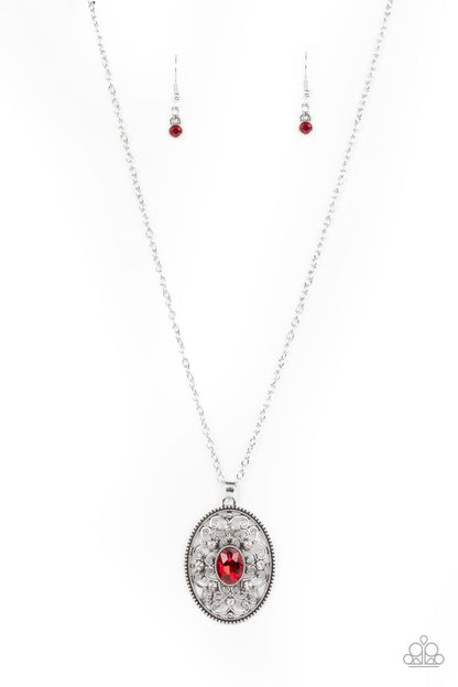 Paparazzi Accessories-Sonata Swing Red Filigree White Rhinestone Gem Necklace Set