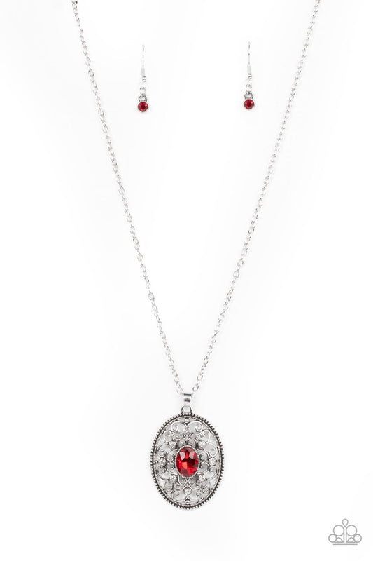 Paparazzi Accessories-Sonata Swing Red Filigree White Rhinestone Gem Necklace Set