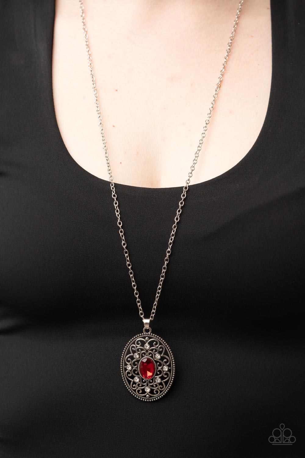 Paparazzi Accessories-Sonata Swing Red Filigree White Rhinestone Gem Necklace Set