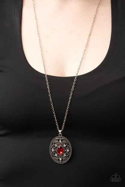 Paparazzi Accessories-Sonata Swing Red Filigree White Rhinestone Gem Necklace Set