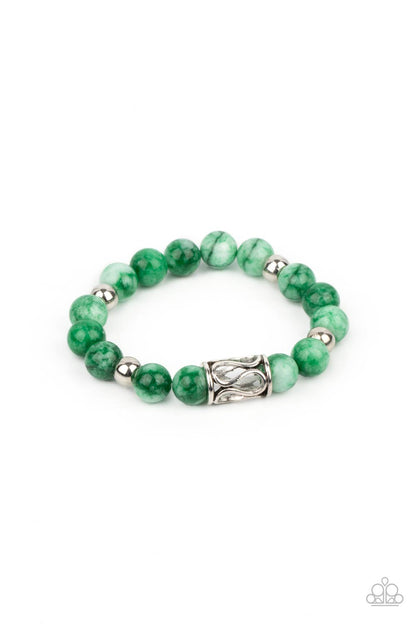 Paparazzi Accessories-Soothes The Soul Green Ornate Silver Bracelet