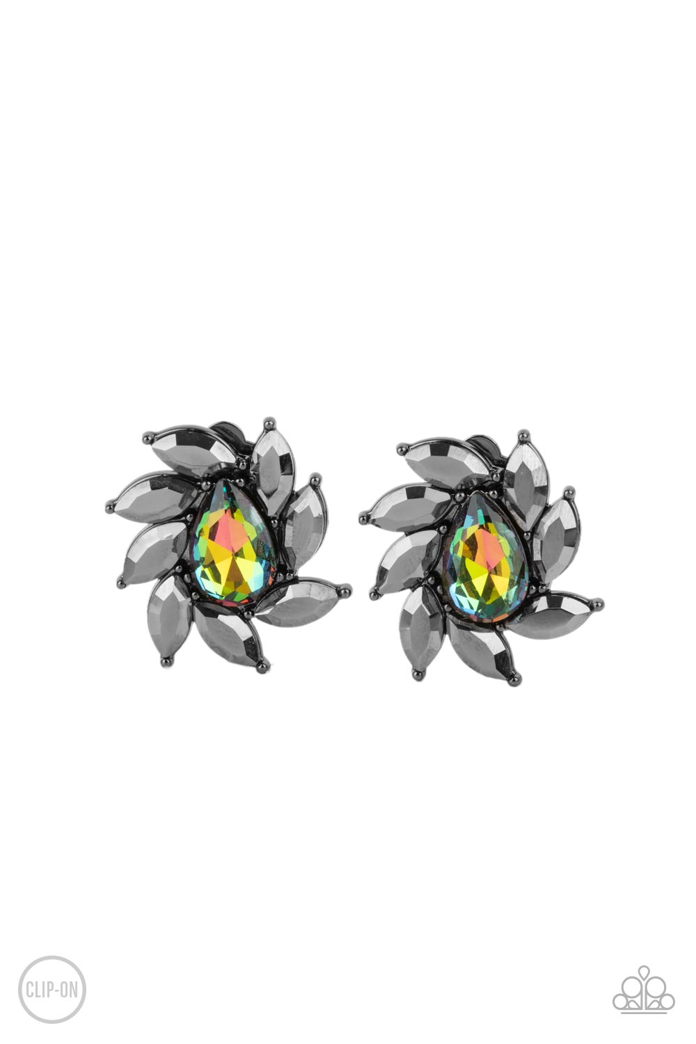 Paparazzi Accessories-Sophisticated Swirl Oil Spill, Hematite Marquise Clip-On Earrings