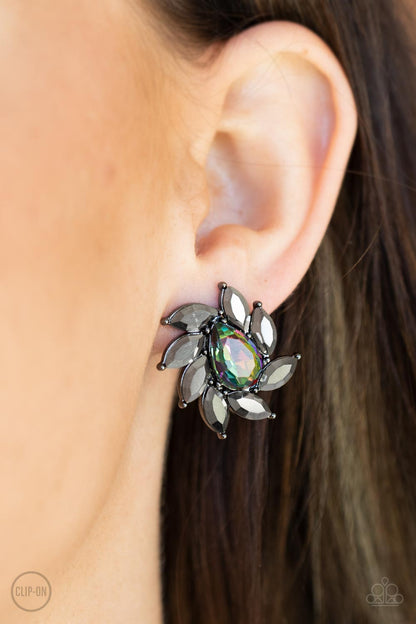 Paparazzi Accessories-Sophisticated Swirl Oil Spill, Hematite Marquise Clip-On Earrings