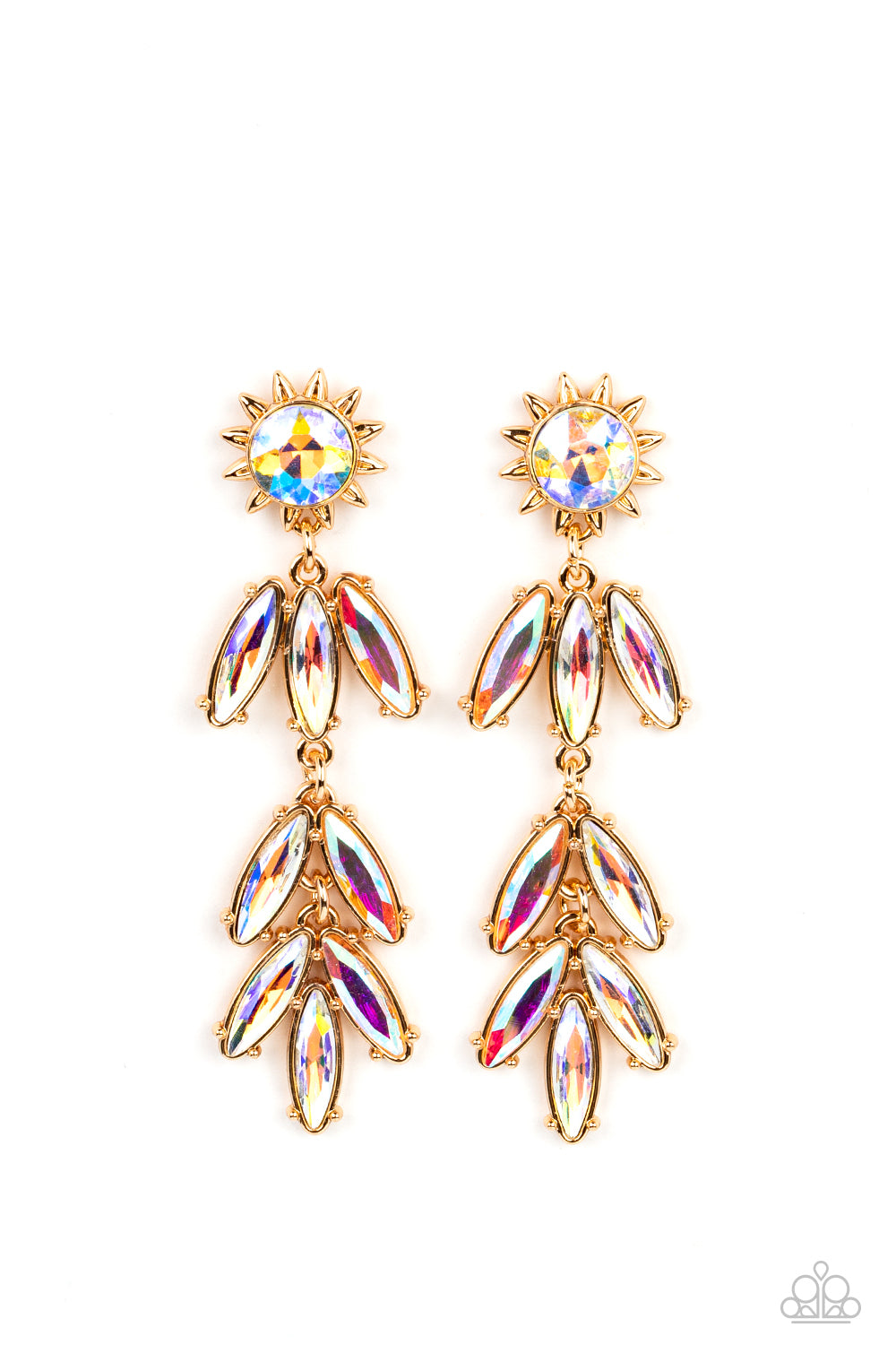 Paparazzi Accessories-Space Age Sparkle Gold Sunburst Iridescent Earrings