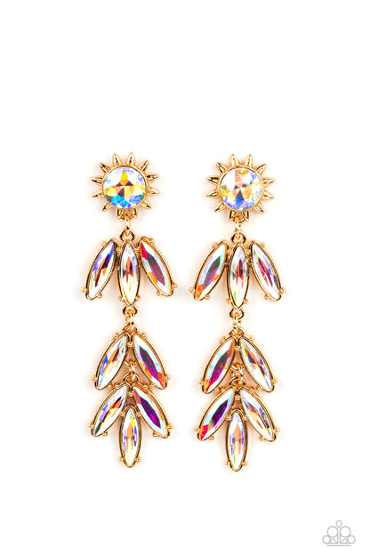 Paparazzi Accessories-Space Age Sparkle Gold Sunburst Iridescent Earrings