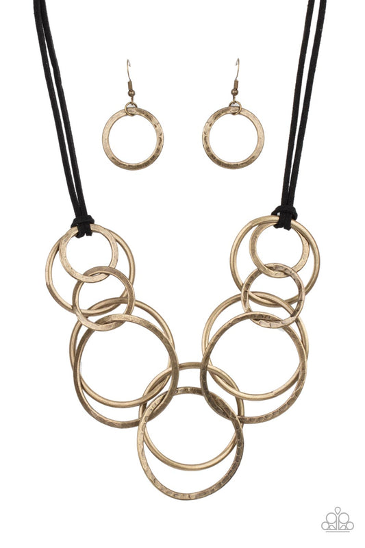 Paparazzi Accessories-Spiraling Out of Couture Brass Hammered Rustic Ring Necklace Set