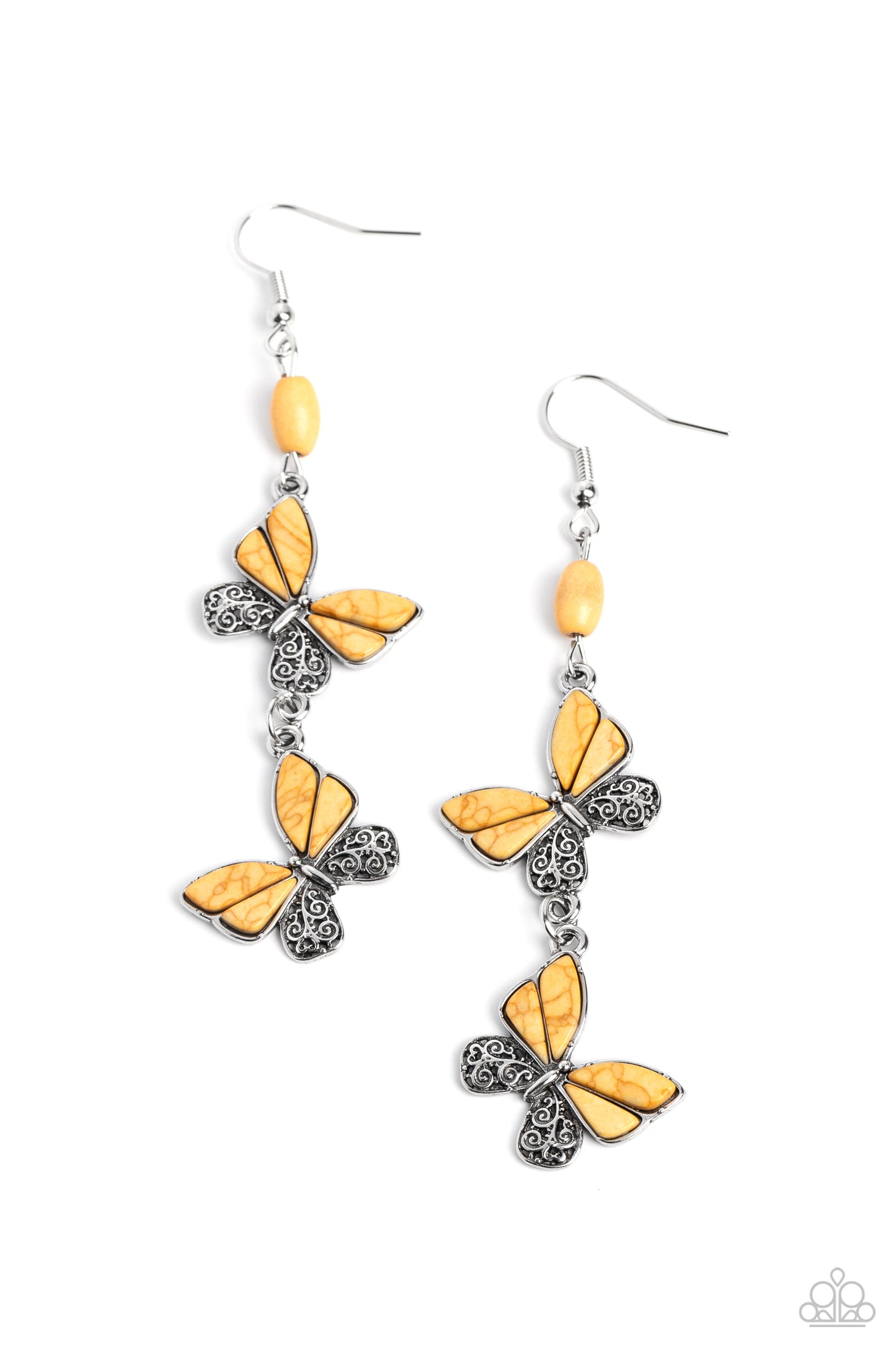 Paparazzi Accessories-Spirited Soar Yellow Oval Silver Butterfly Earrings