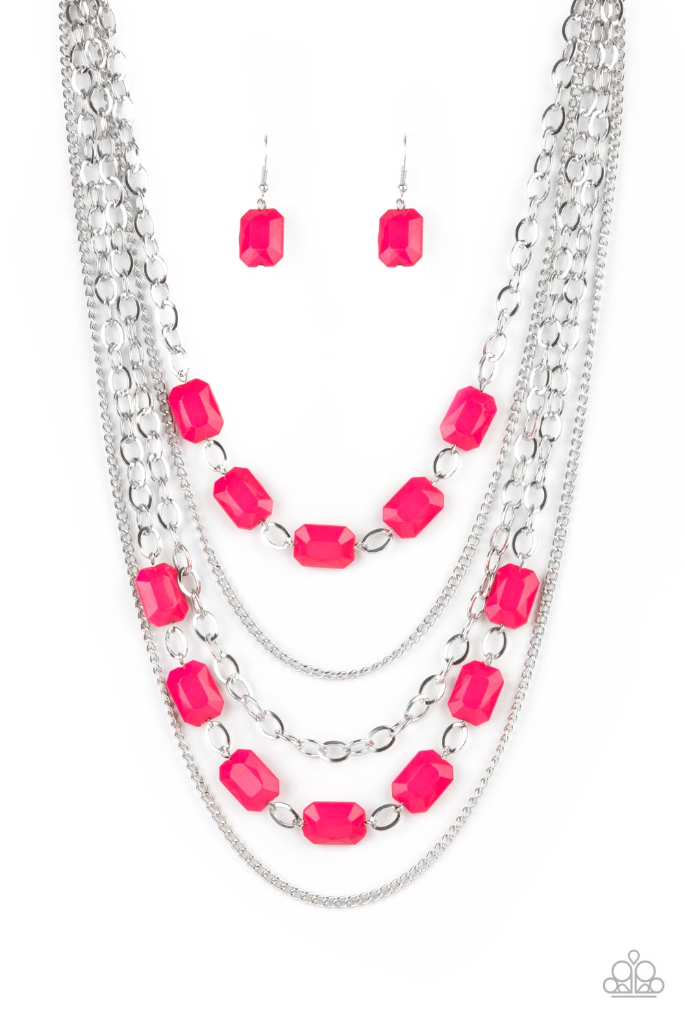 Paparazzi Accessories-Standout Strands Shiny Rectangle Raspberry Bead Silver Chain Necklace Set