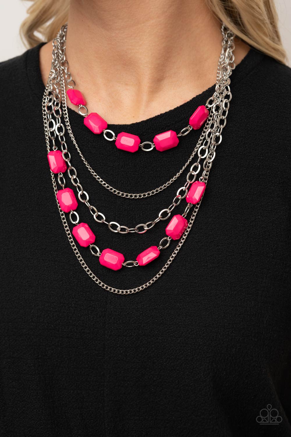 Paparazzi Accessories-Standout Strands Shiny Rectangle Raspberry Bead Silver Chain Necklace Set