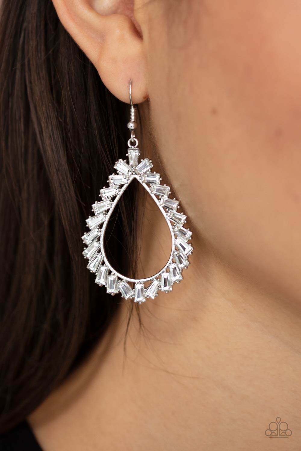 Paparazzi Accessories-Stay Sharp White Emerald Teardrop Earrings