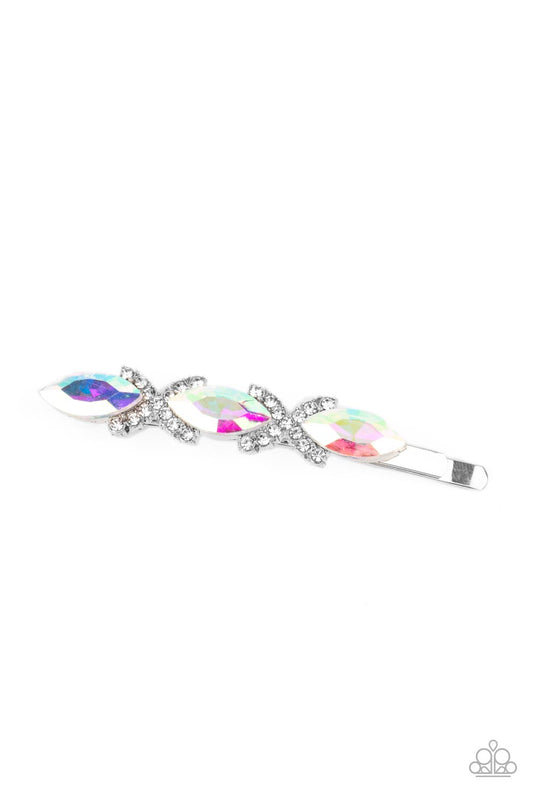 Paparazzi Accessories-Stellar Socialite Multi Crisscrossed Glassy Rhinestone Hair Clip